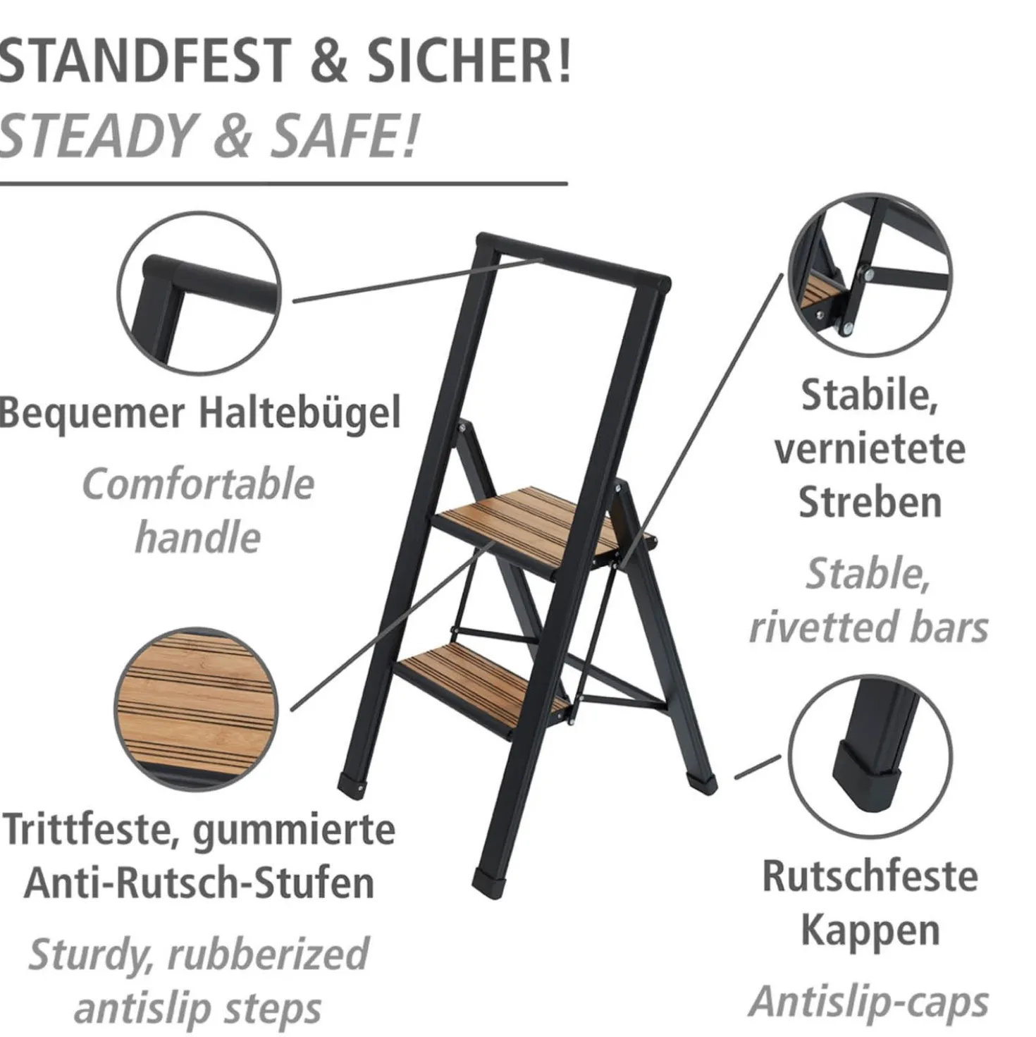 Alu-Design Klapptrittleiter 2-stufig Schwarz WENKO