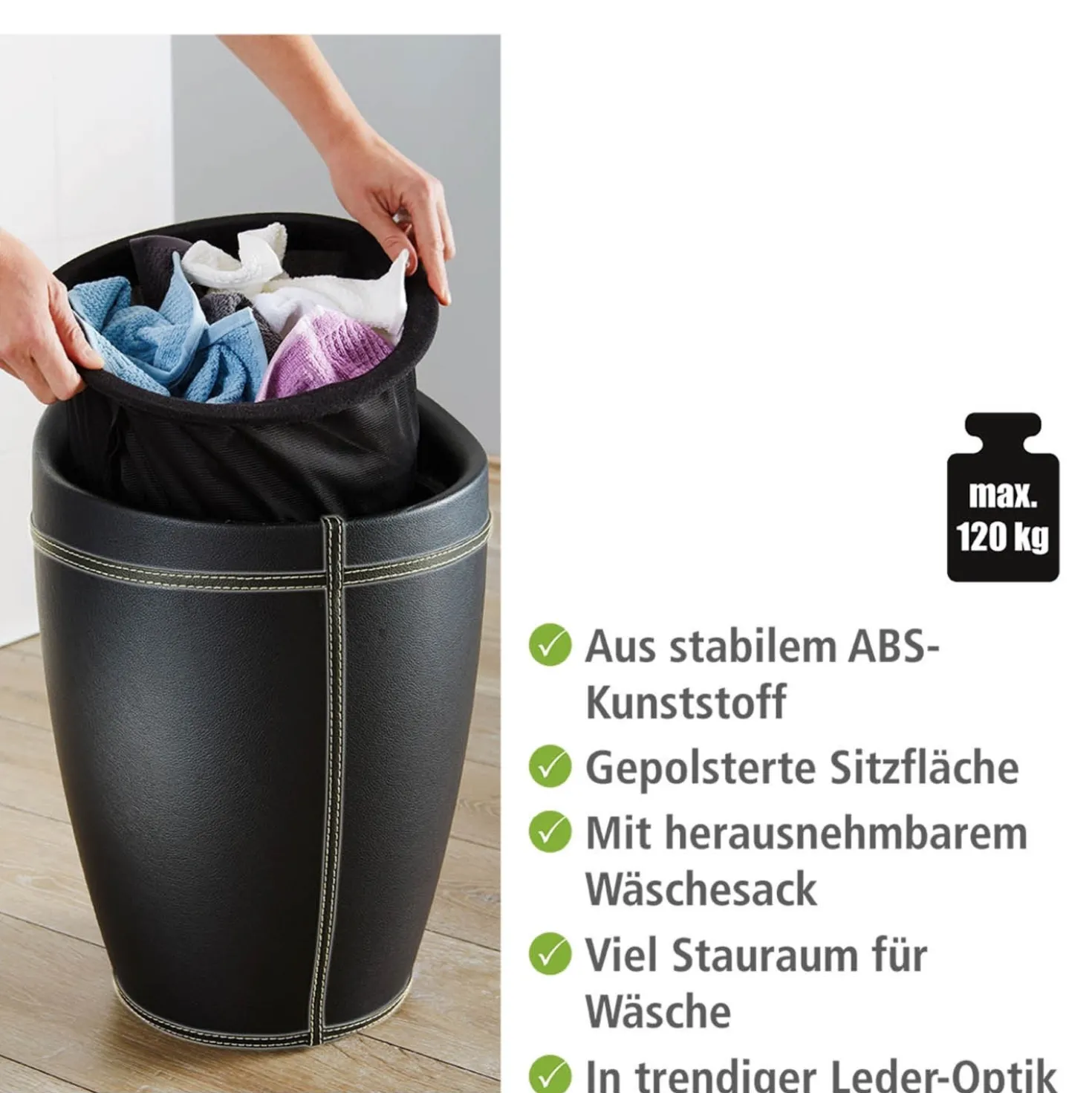Badhocker & Wäschesammler Candy Lederoptik schwarz WENKO