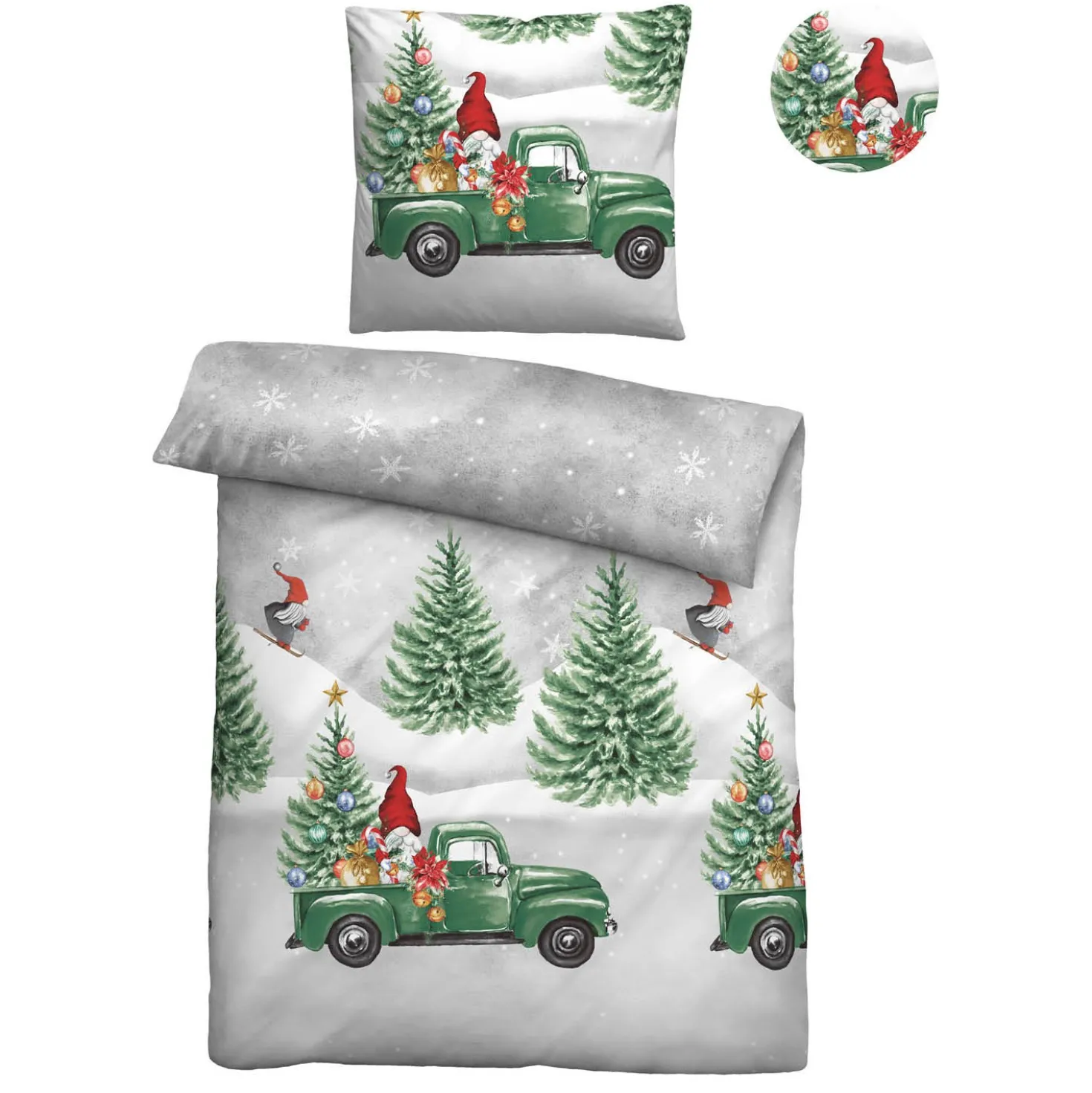 biberna Feinbiber Bettwäsche Wichtel & Weihnachtsbaum sturmgrau, 135x200 cm + 80x80 cm
