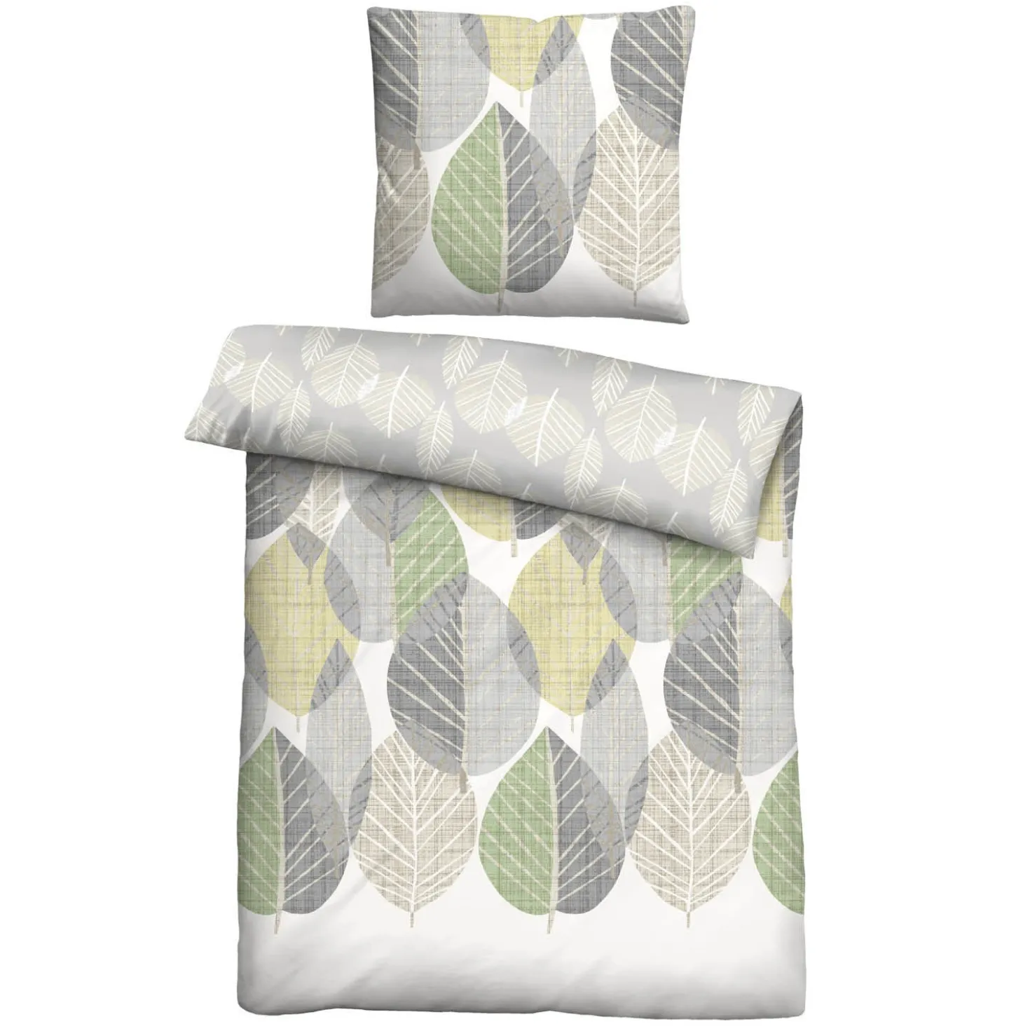 biberna Feinbiber Bettwäsche Blätter groß pistaziengrün, 135x200 cm + 80x80 cm