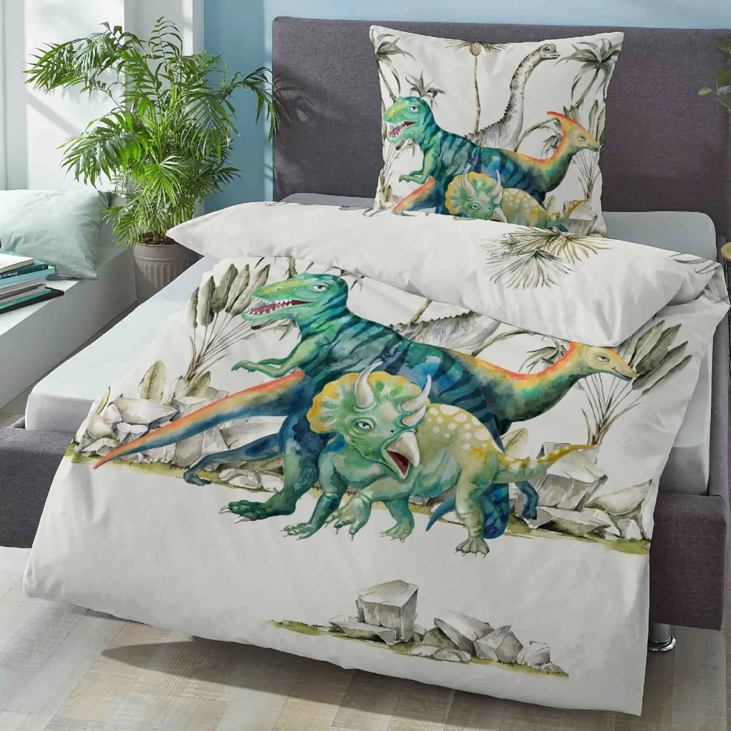 biberna Linon-Bettwäsche DINO perlmutt, 135x200 cm + 80x80 cm