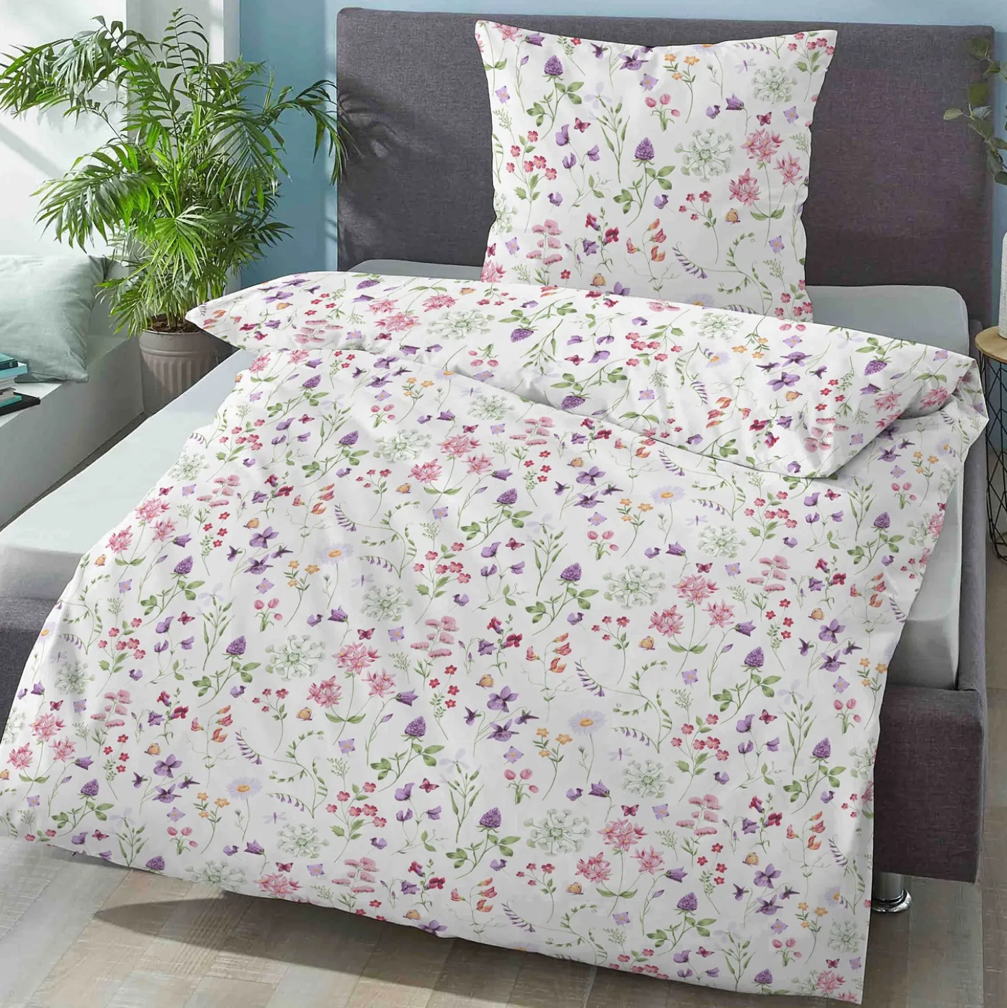 biberna Linon-Bettwäsche FLOWERPOWER weiß, 135x200 cm + 80x80 cm