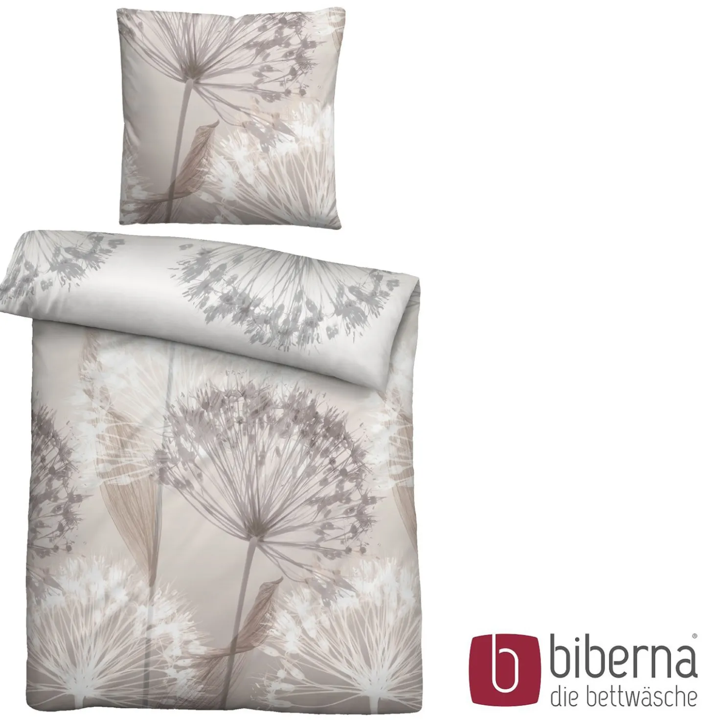 biberna Mako-Satin Bettwäsche PUSTEBLUME basalt, 135x200 cm + 80x80 cm