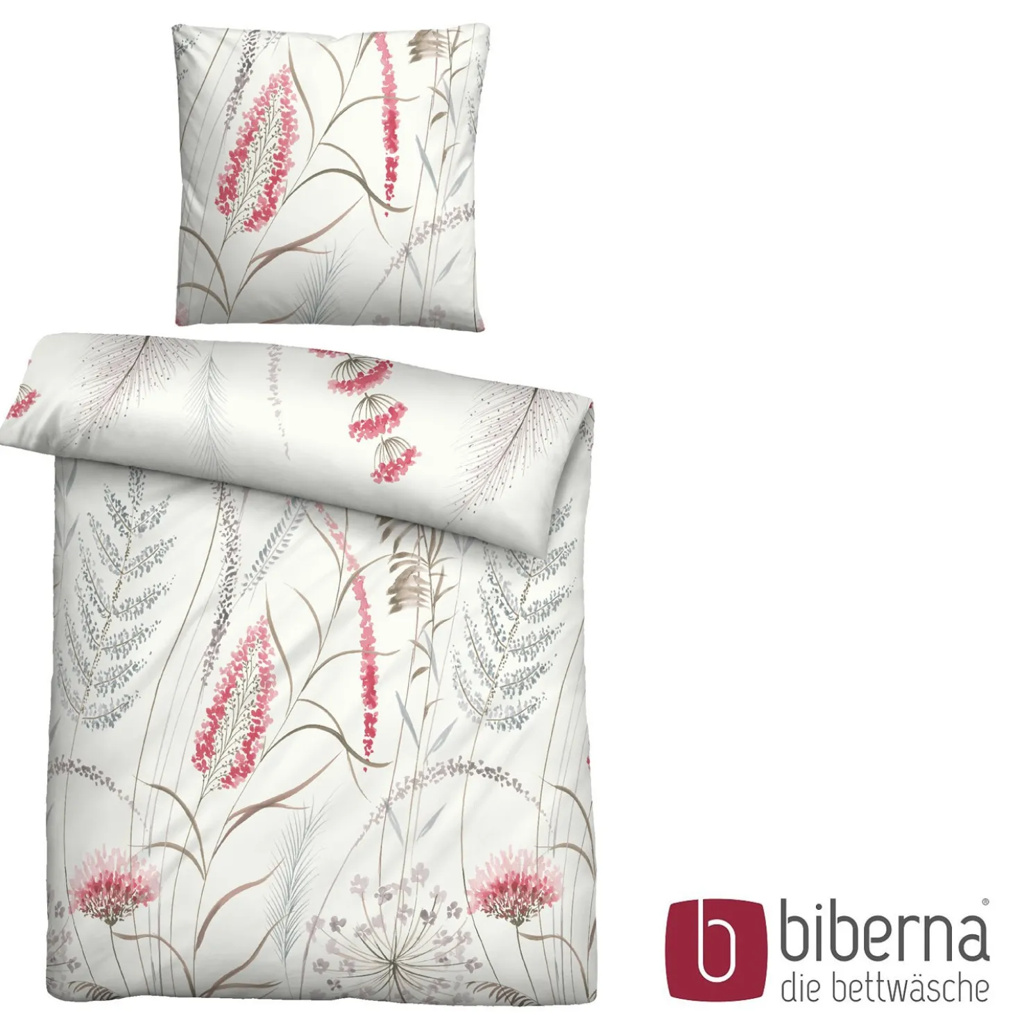 biberna Mako-Satin Bettwäsche GRÄSER rubin, 135x200 cm + 80x80 cm