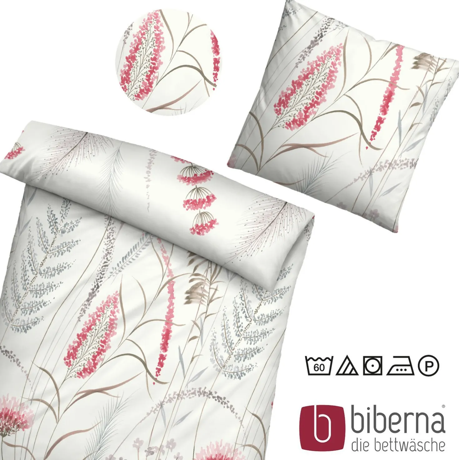 biberna Mako-Satin Bettwäsche GRÄSER rubin, 135x200 cm + 80x80 cm