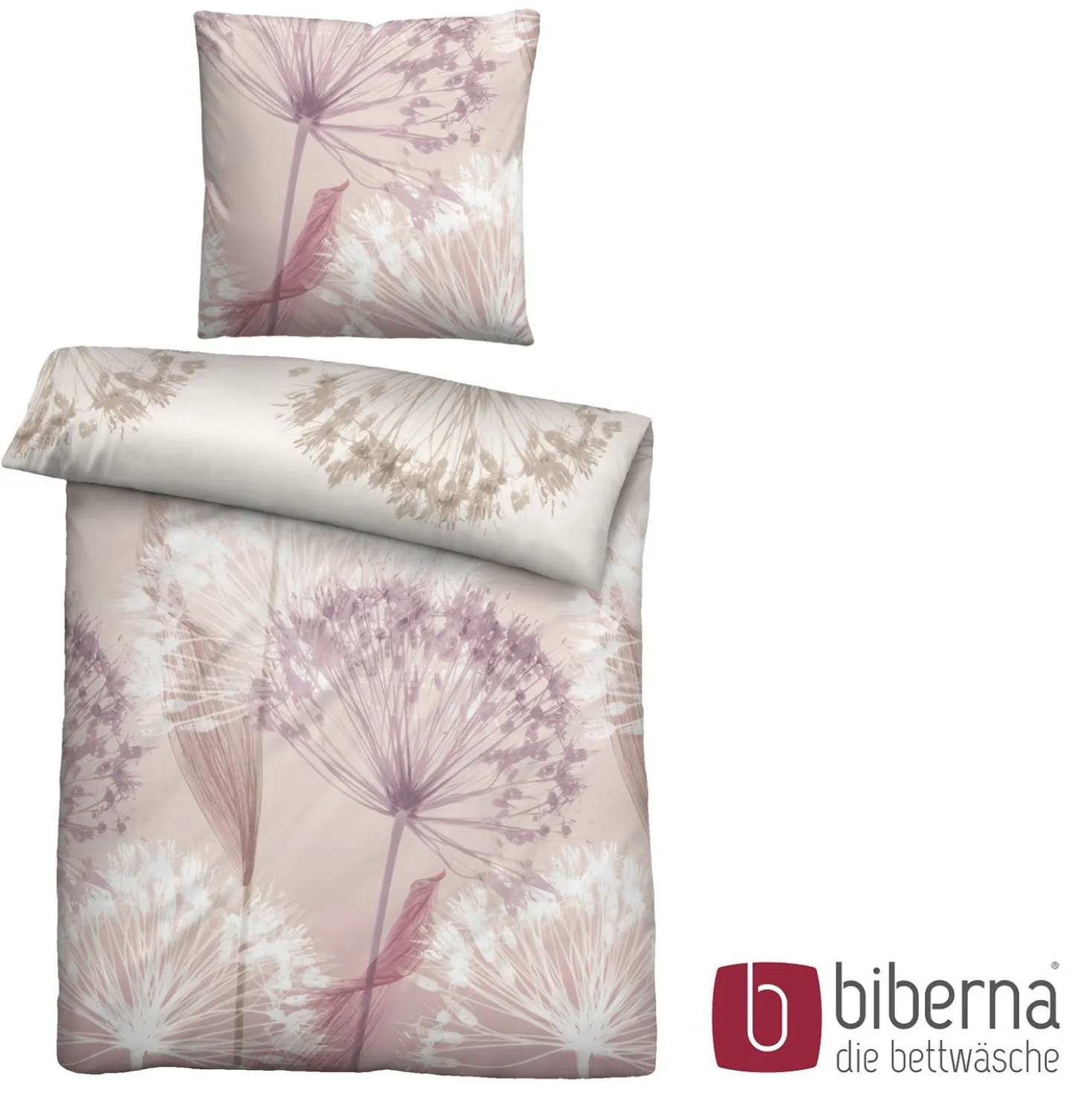 biberna Mako-Satin Bettwäsche PUSTEBLUME rose, 155x220 cm + 80x80 cm