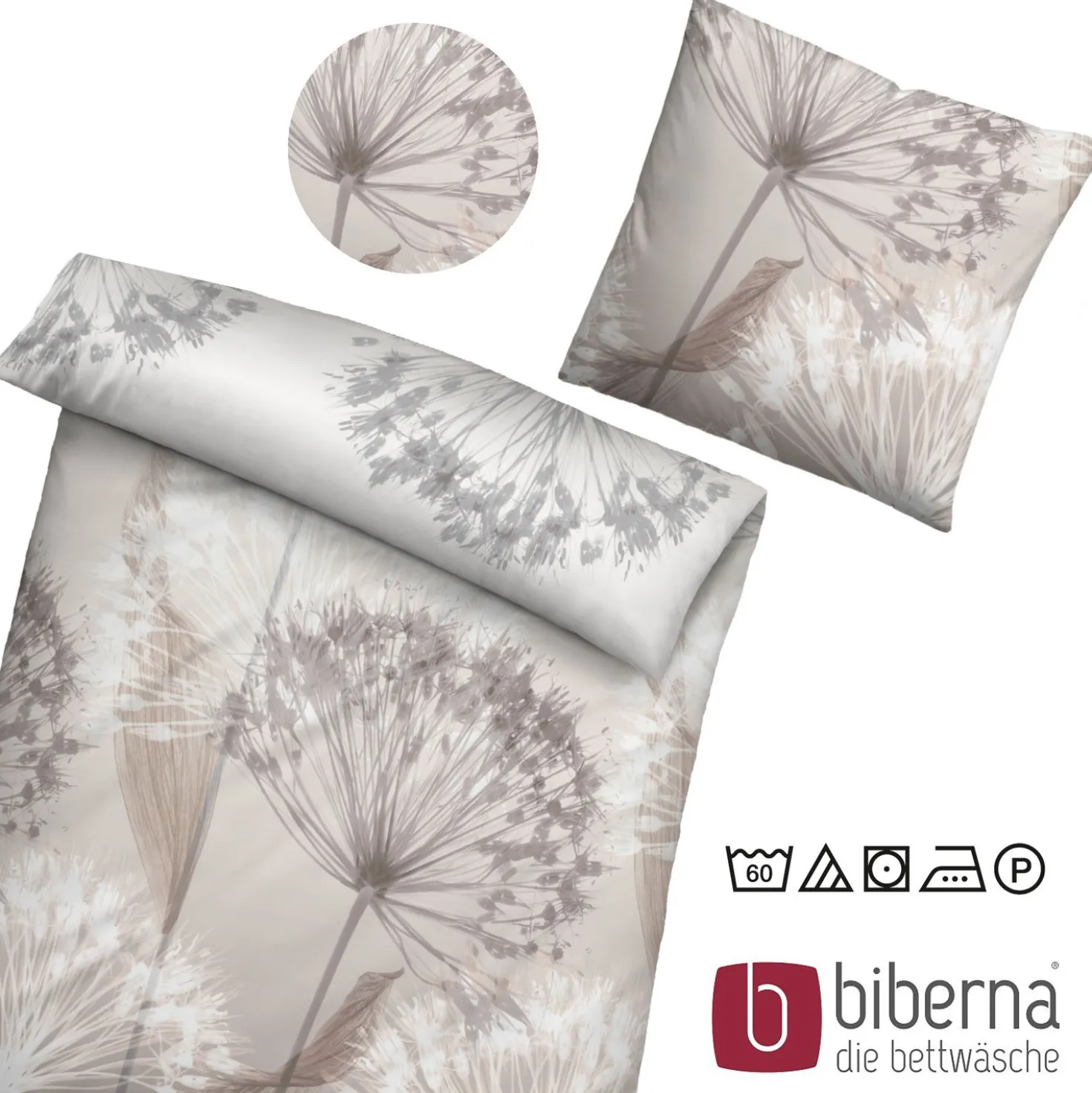 biberna Mako-Satin Bettwäsche PUSTEBLUME basalt, 155x200 cm + 80x80 cm