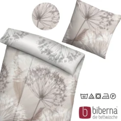biberna Mako-Satin Bettwäsche PUSTEBLUME basalt, 155x220 cm + 80x80 cm