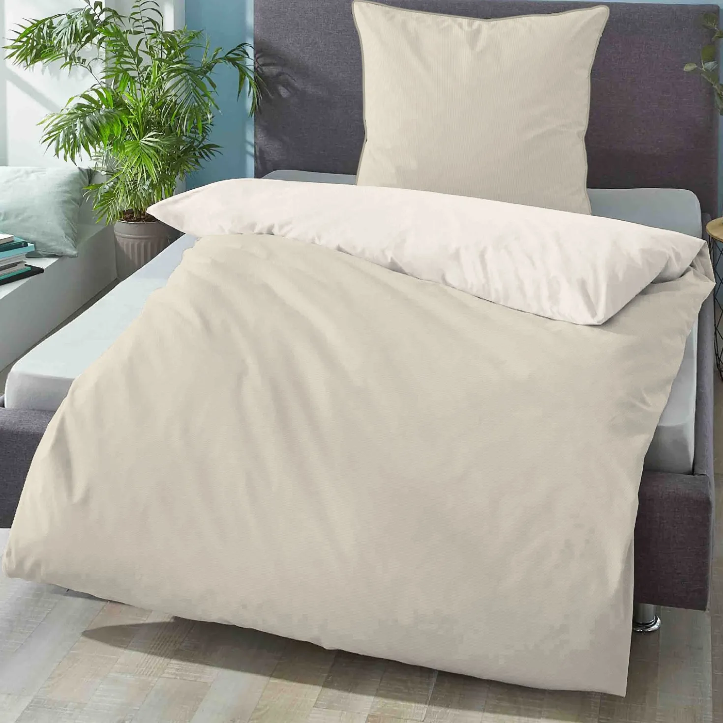 biberna Mako-Satin Bettwäsche FEINE STREIFEN natur, 135x200 cm + 80x80 cm