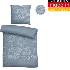 biberna Melange-Flanell Bettwäsche Lokomotive blau, 100x135 cm + 40x60 cm