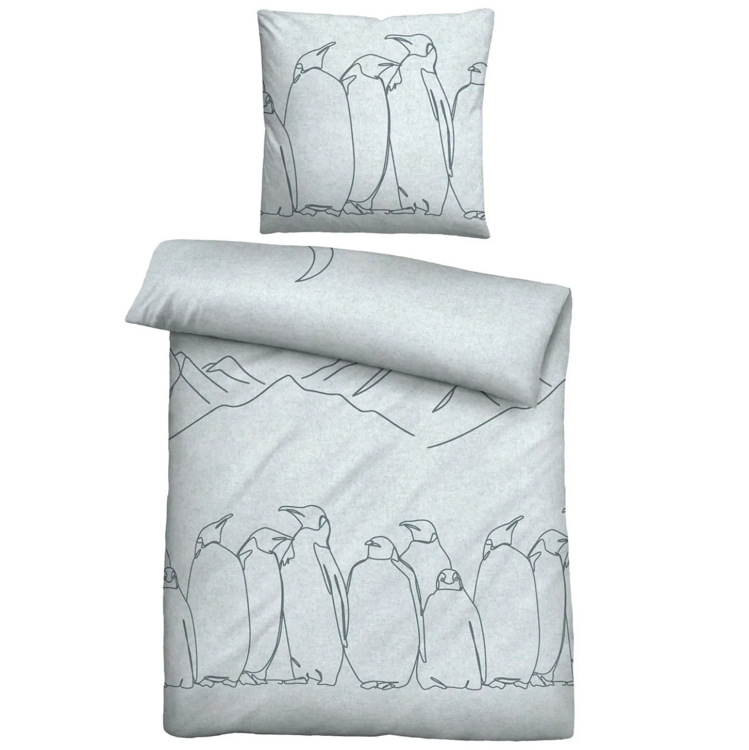 biberna Melange-Flanell Bettwäsche Pinguin ciel, 135x200 cm + 80x80 cm