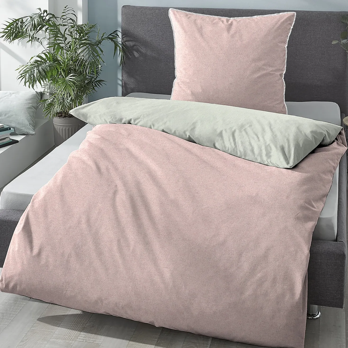 biberna Melange-Flanell Bettwäsche MELANGE UNI rose, 155x200 cm + 80x80 cm