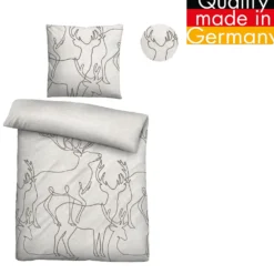 biberna Melange-Flanell Bettwäsche Hirsch grau, 155x220 cm + 80x80 cm