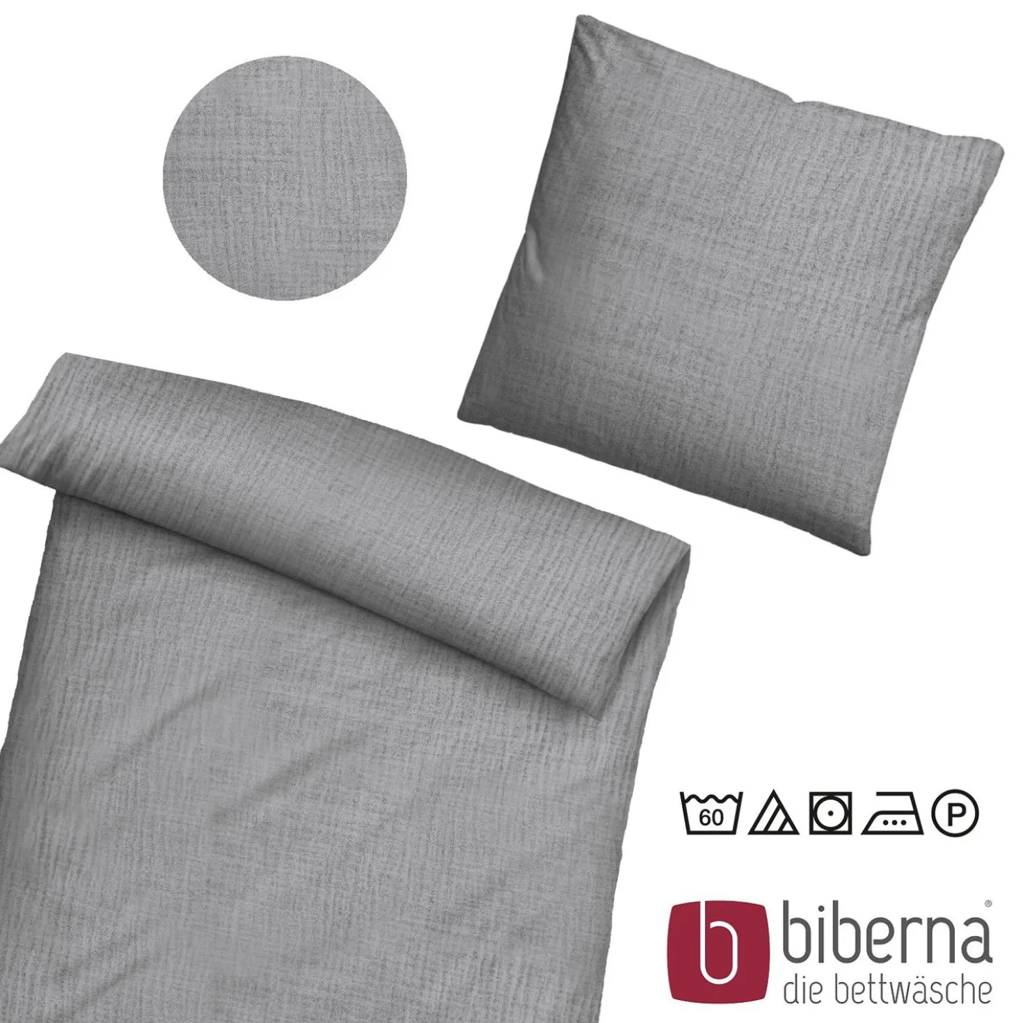 biberna Musselin Bettwäsche UNI sturmgrau, 135x200 cm + 80x80 cm