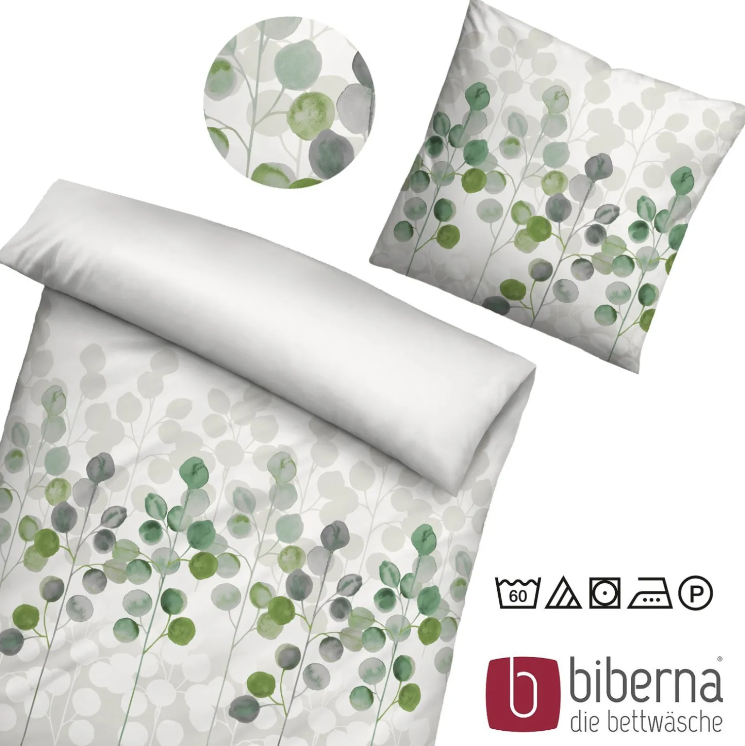 biberna Seersucker Bettwäsche STILISIERTE PFLANZE pistaziengrün, 155x220 cm + 80x80 cm