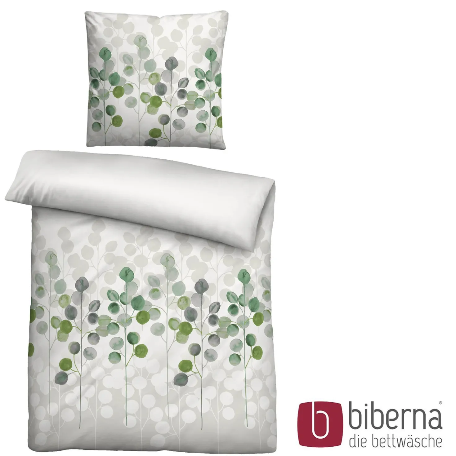 biberna Seersucker Bettwäsche STILISIERTE PFLANZE pistaziengrün, 155x220 cm + 80x80 cm