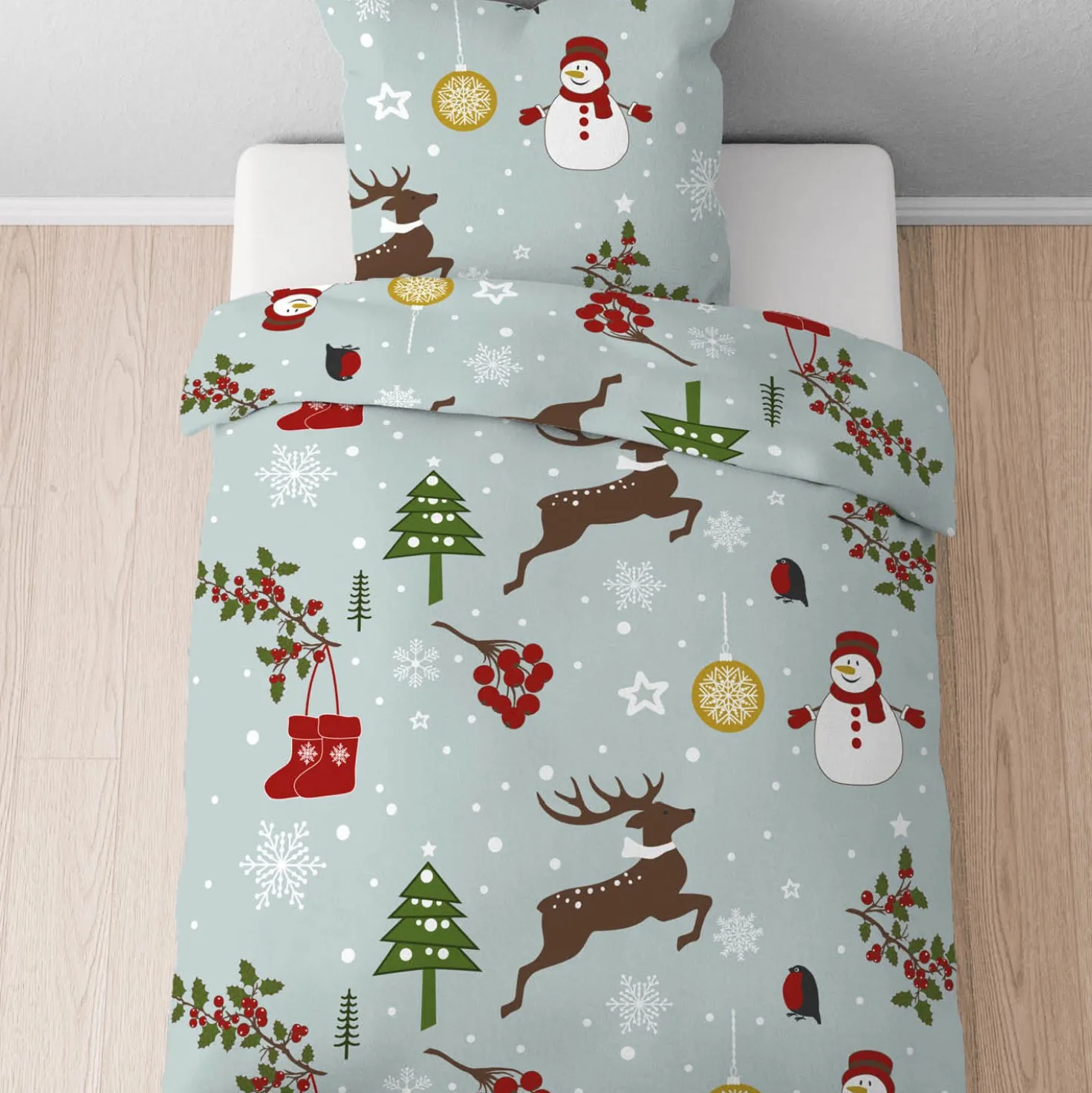 Castell Feinbiber Bettwäsche Weihnachten taubenblau, 1x 135x200 cm + 1x 80x80 cm