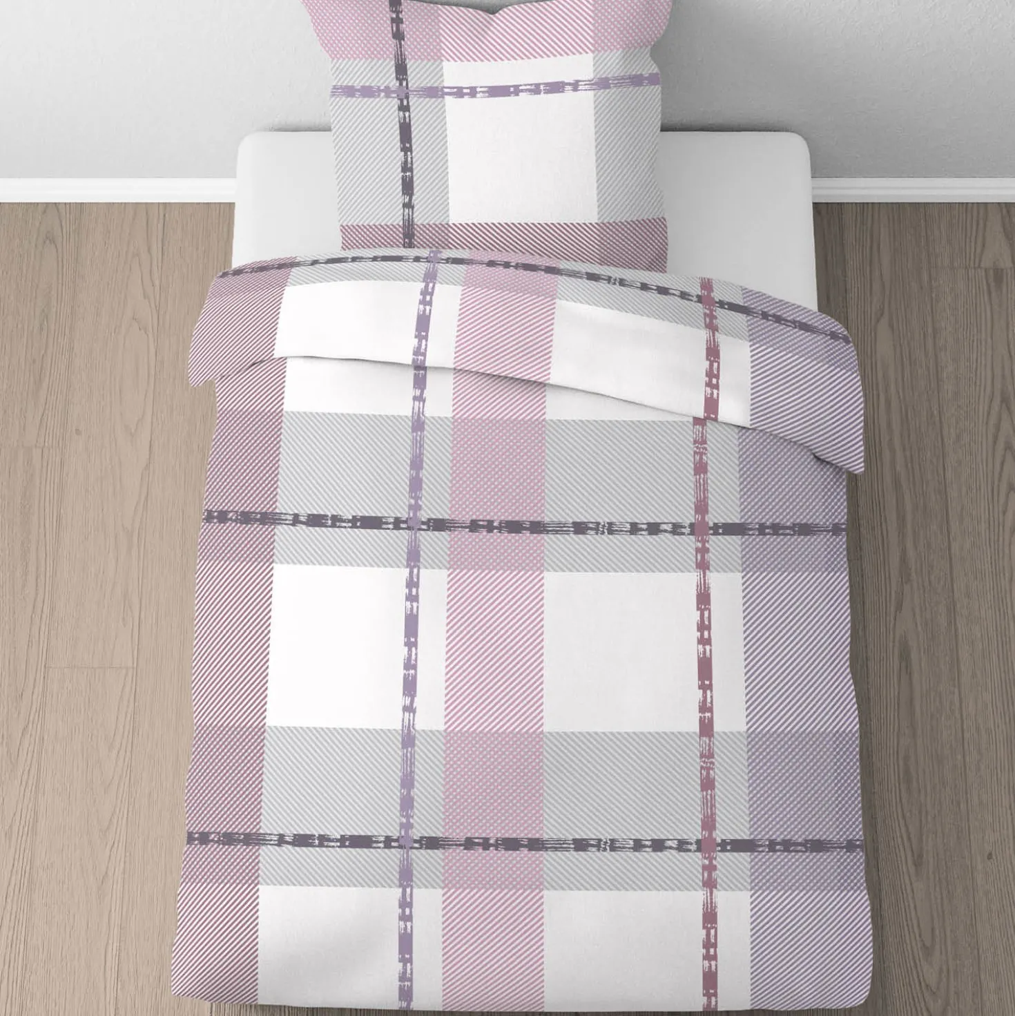 Castell Nicki Bettwäsche Karo-Streifen-Mix viola, 1x 135x200 cm + 1x 80x80 cm