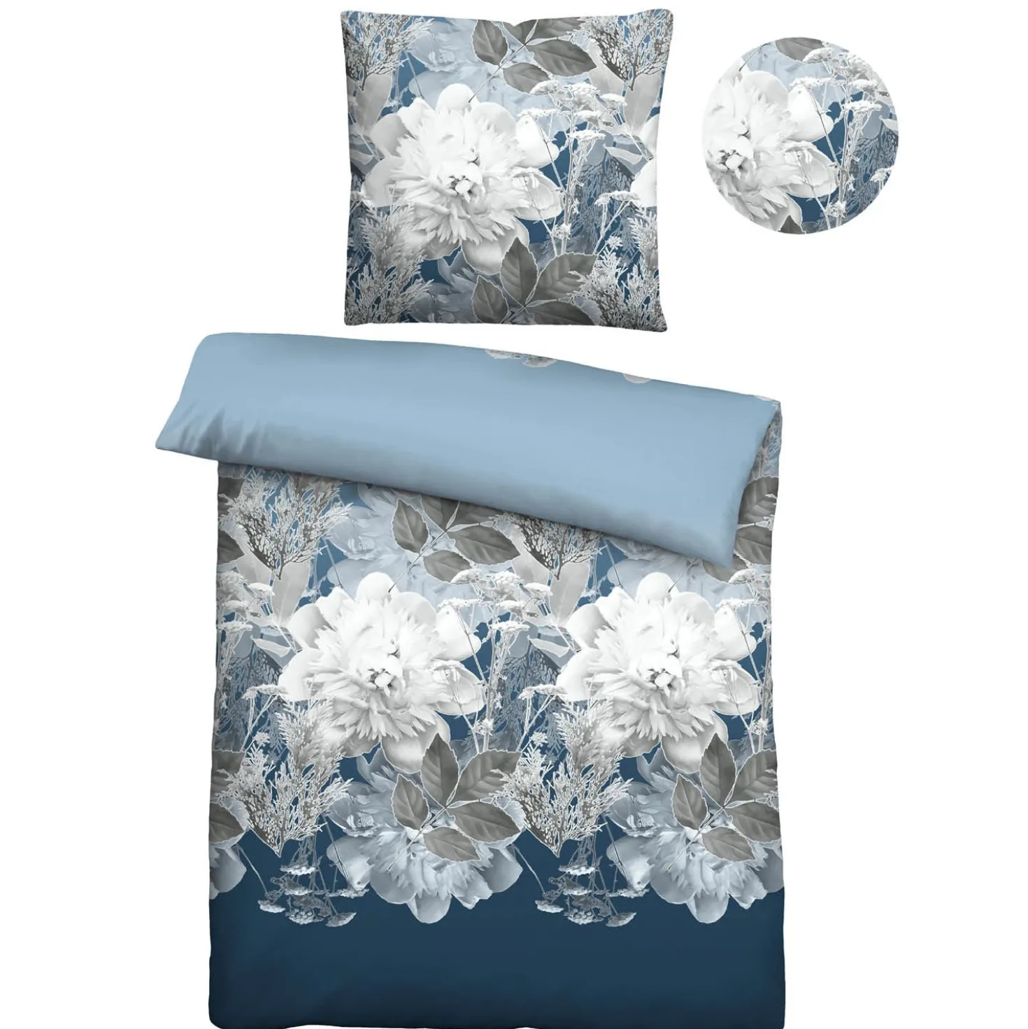 Castell Thermo-Fleece Bettwäsche Blume groß eisblau, 1x 135x200 cm + 1x 80x80 cm