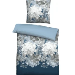 Castell Thermo-Fleece Bettwäsche Blume groß eisblau, 1x 135x200 cm + 1x 80x80 cm