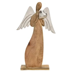 Dekoaufsteller Engel mit Metallflügeln und Herz aus Holz