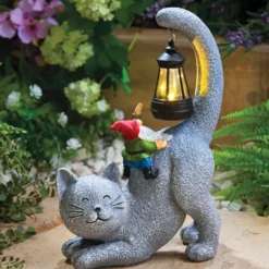 Dekofigur Solar Katze mit Zwerg
