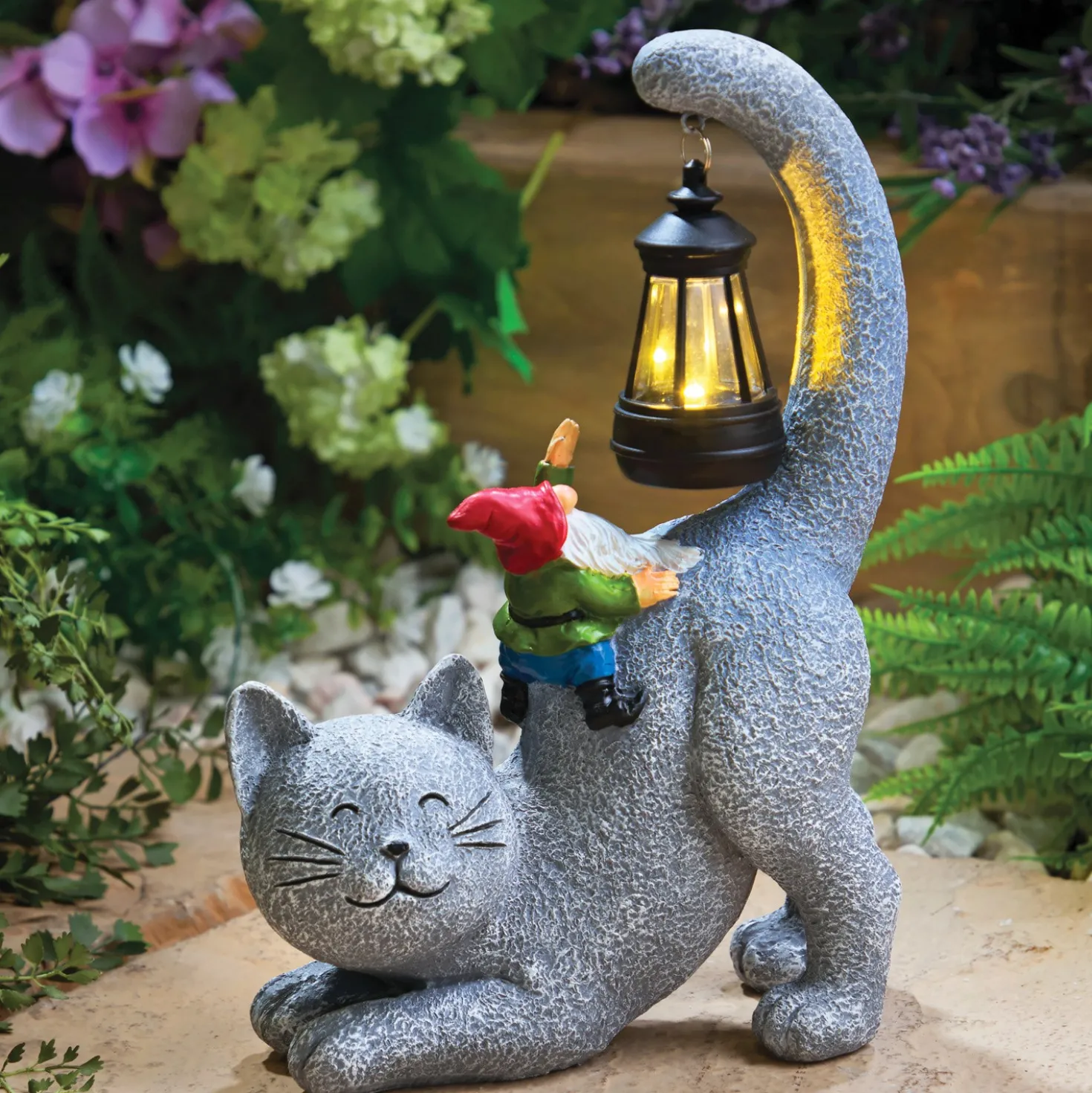 Dekofigur Solar Katze mit Zwerg