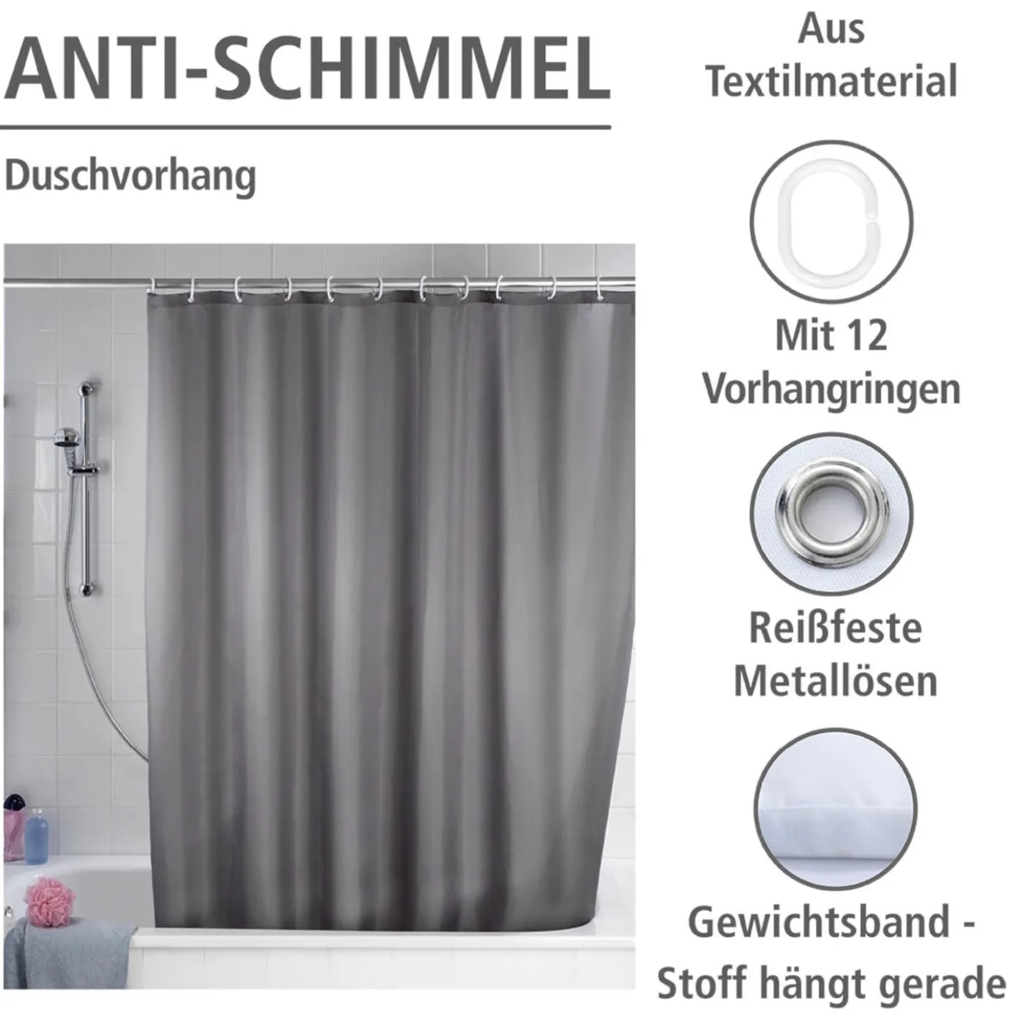 Duschvorhang Anti-Schimmel „Uni Grey“ WENKO