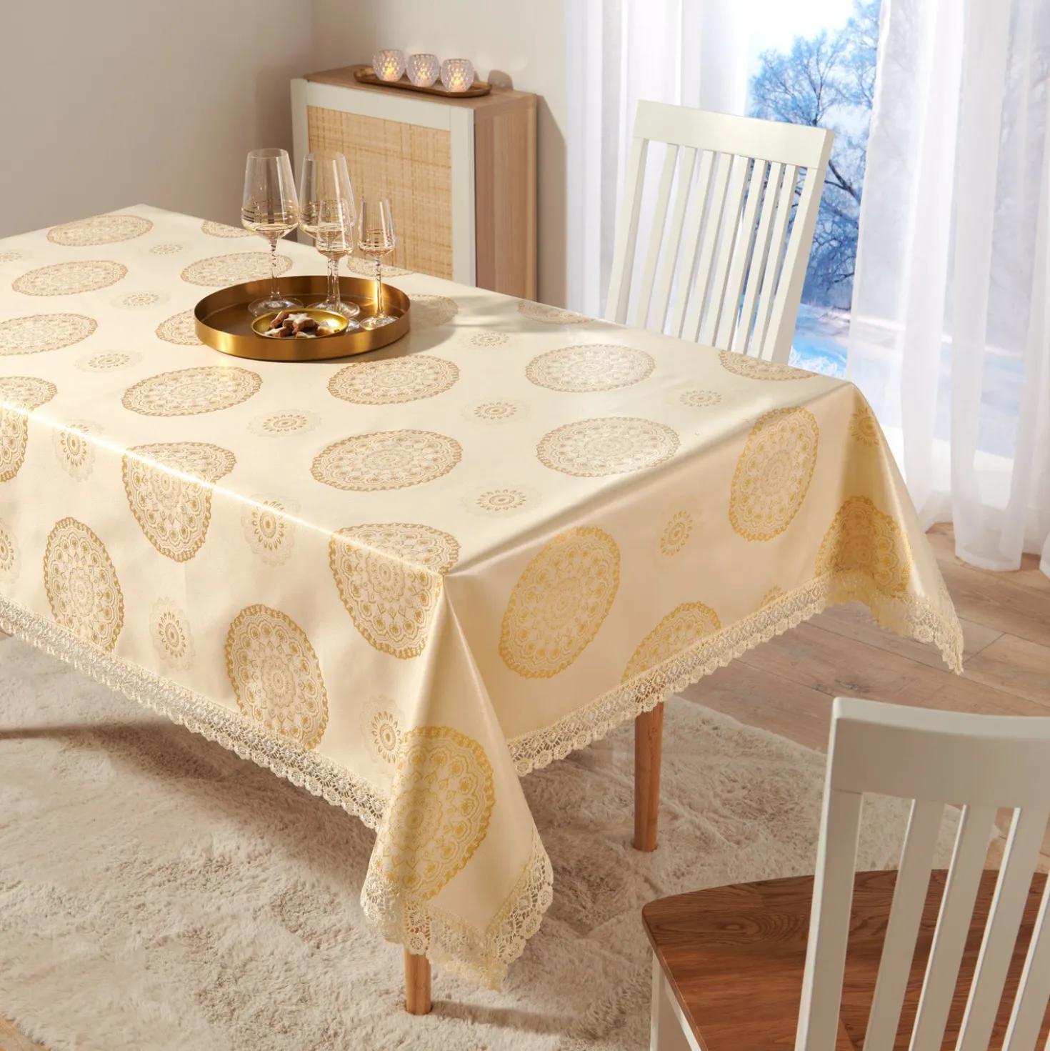 Eldo Tischdecke "Mandala" goldfarben mit Spitzensaum 175 x 135 cm Eldo