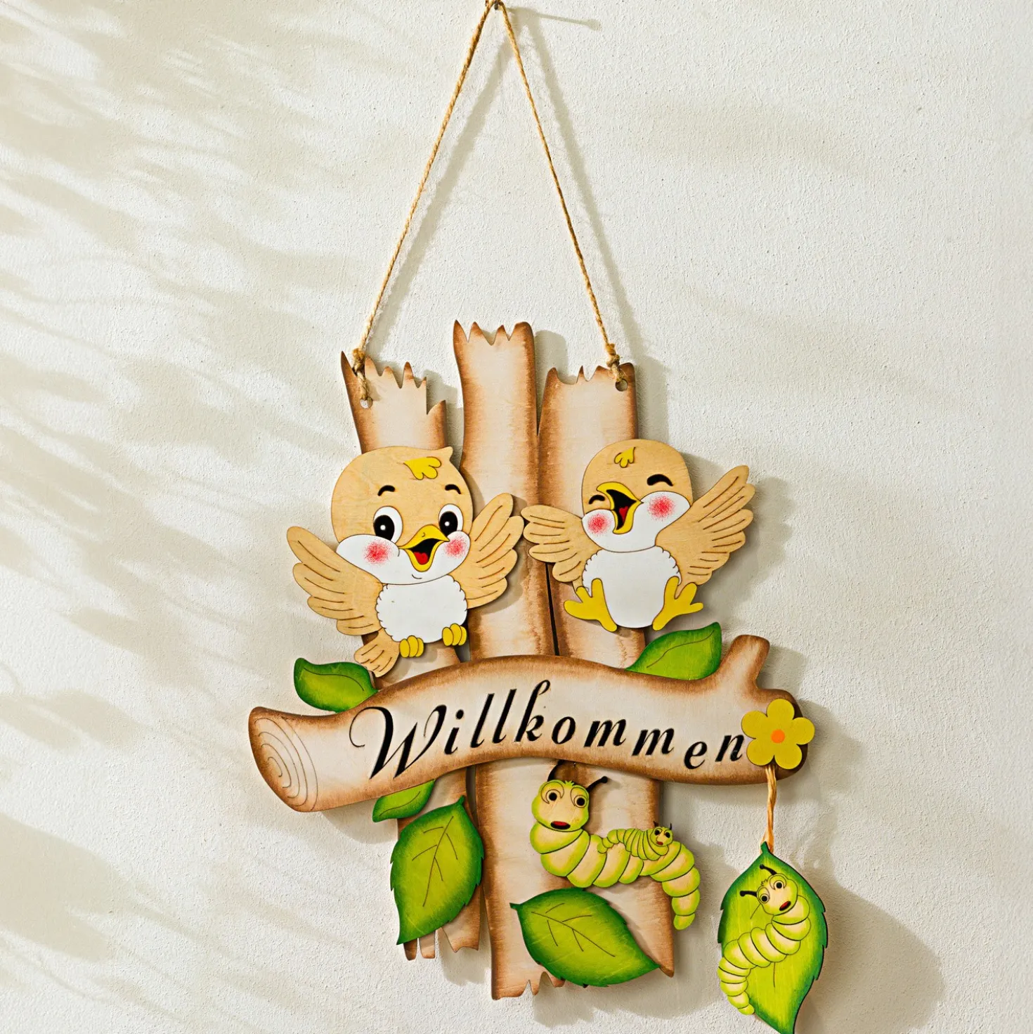 Holz-Deko "Willkommen" Vögel & Raupe Casa Bonita