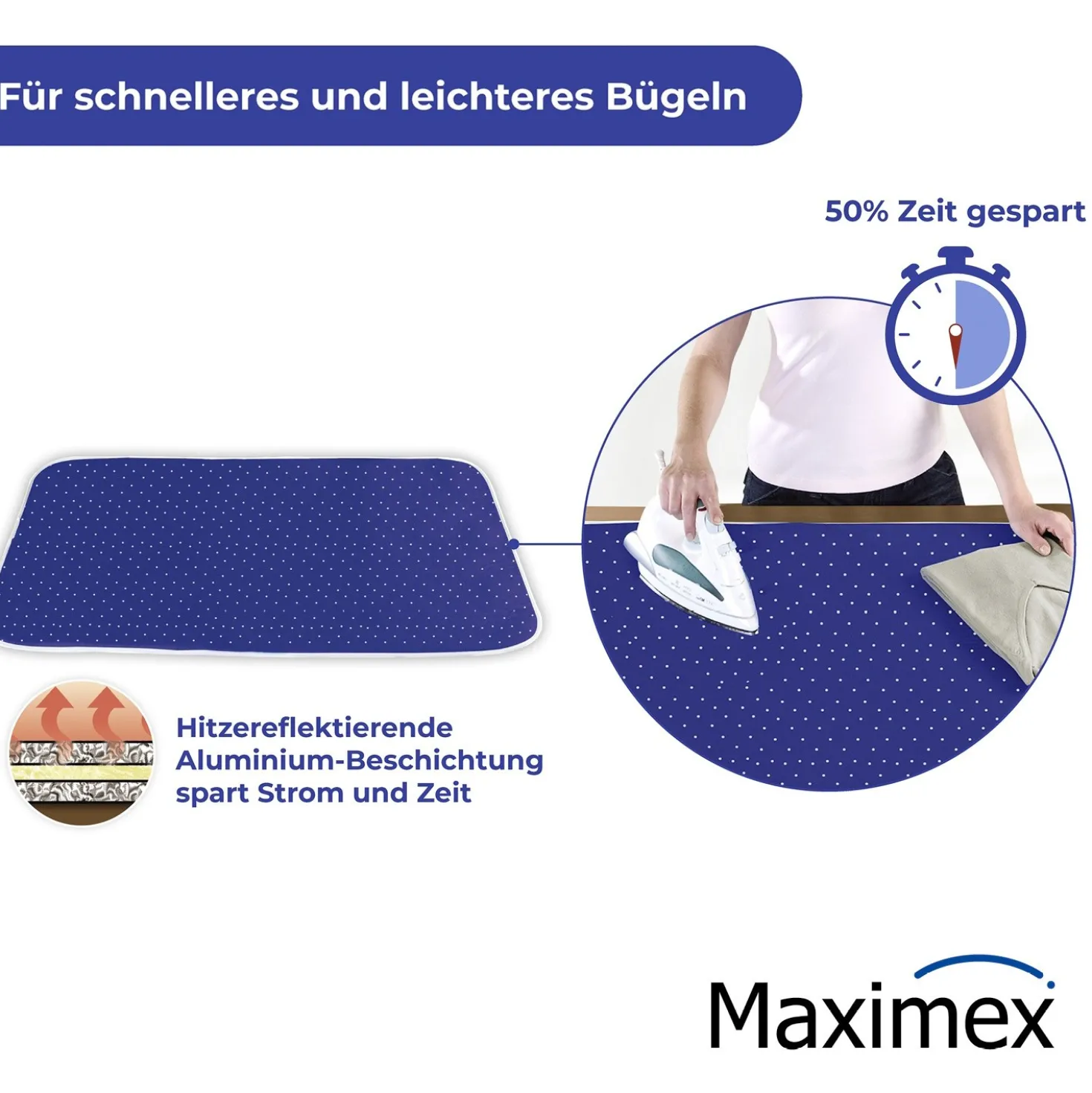Maximex Dampf-Bügeldecke 130 x 65 cm, 50% Zeit- und Stromersparnis