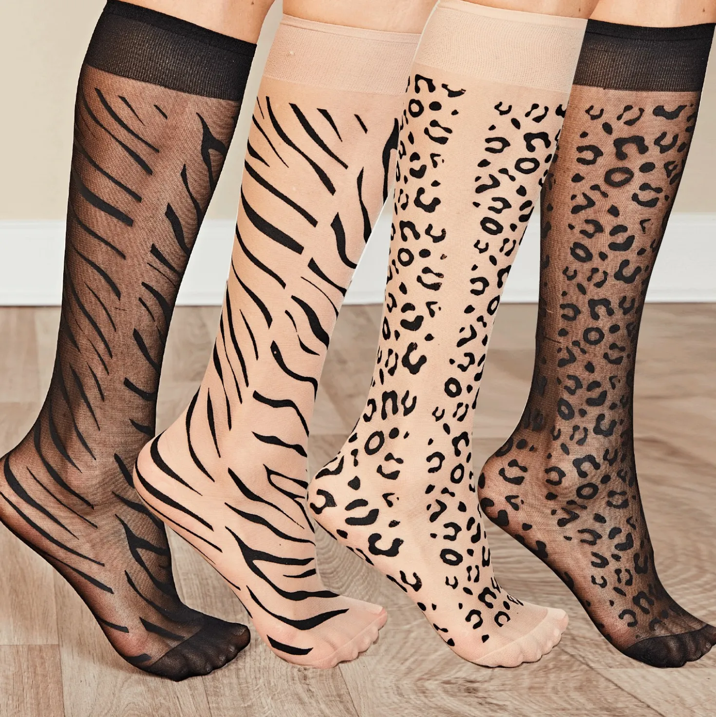 Nylon-Kniestrümpfe Leo/Zebra-Design 4er-Set