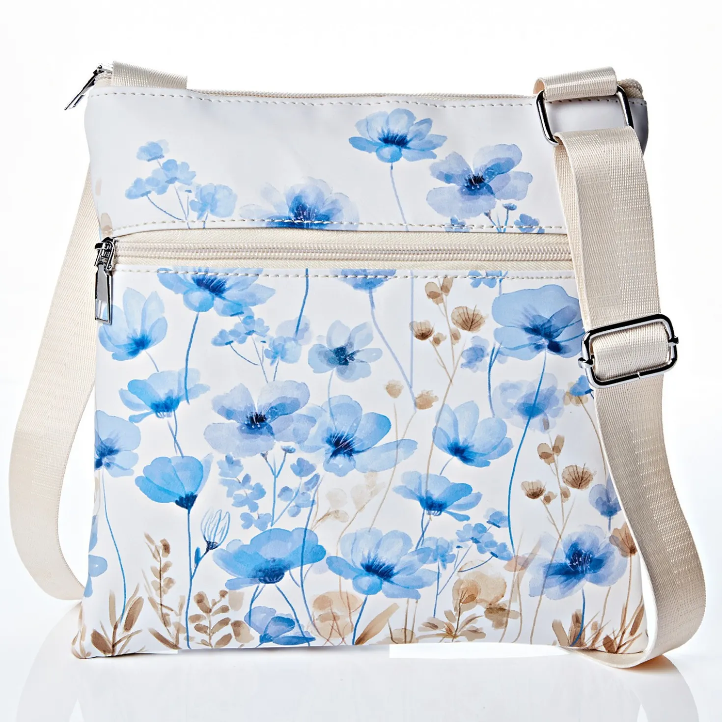 Schultertasche "Blaue Blumen" mit RFID-Schutz