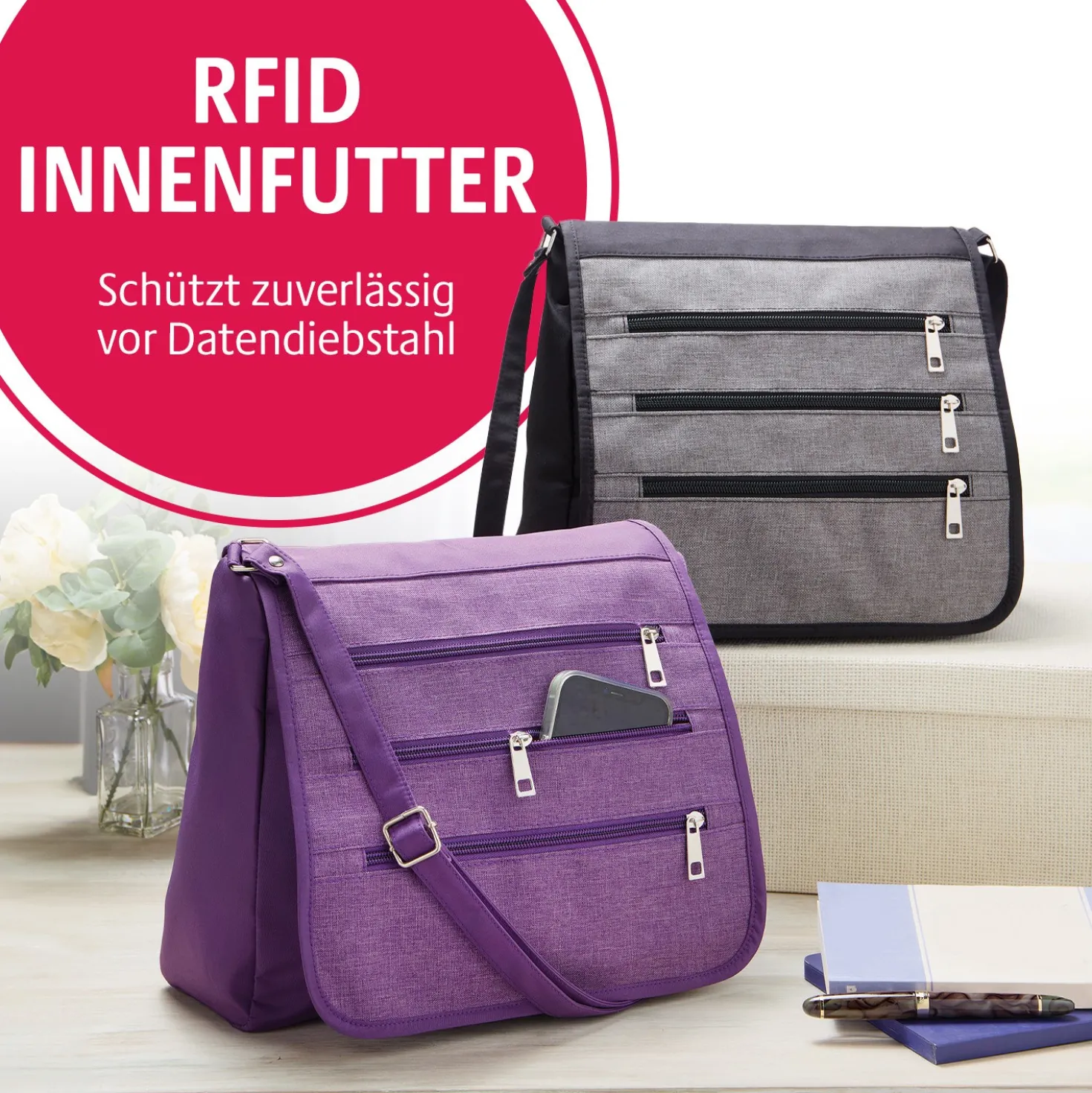 Schultertasche mit RFID-Schutz pflaume