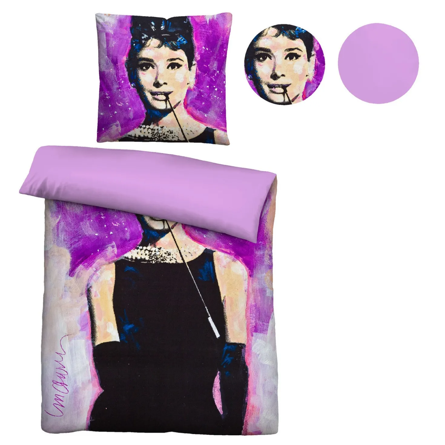 SID MAURER Mikrofaser Bettwäsche Audrey Hepburn viola, 1x 135x200 cm + 1x 80x80 cm