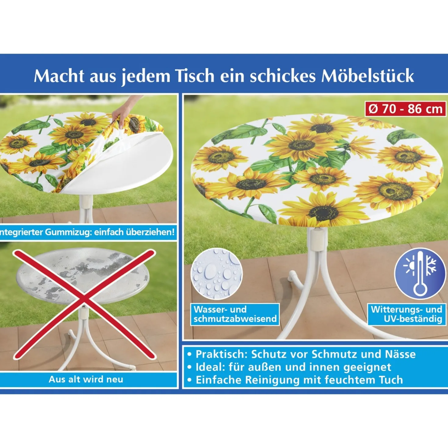 Spanntischdecke Sonnenblumen Ø 70–86 cm