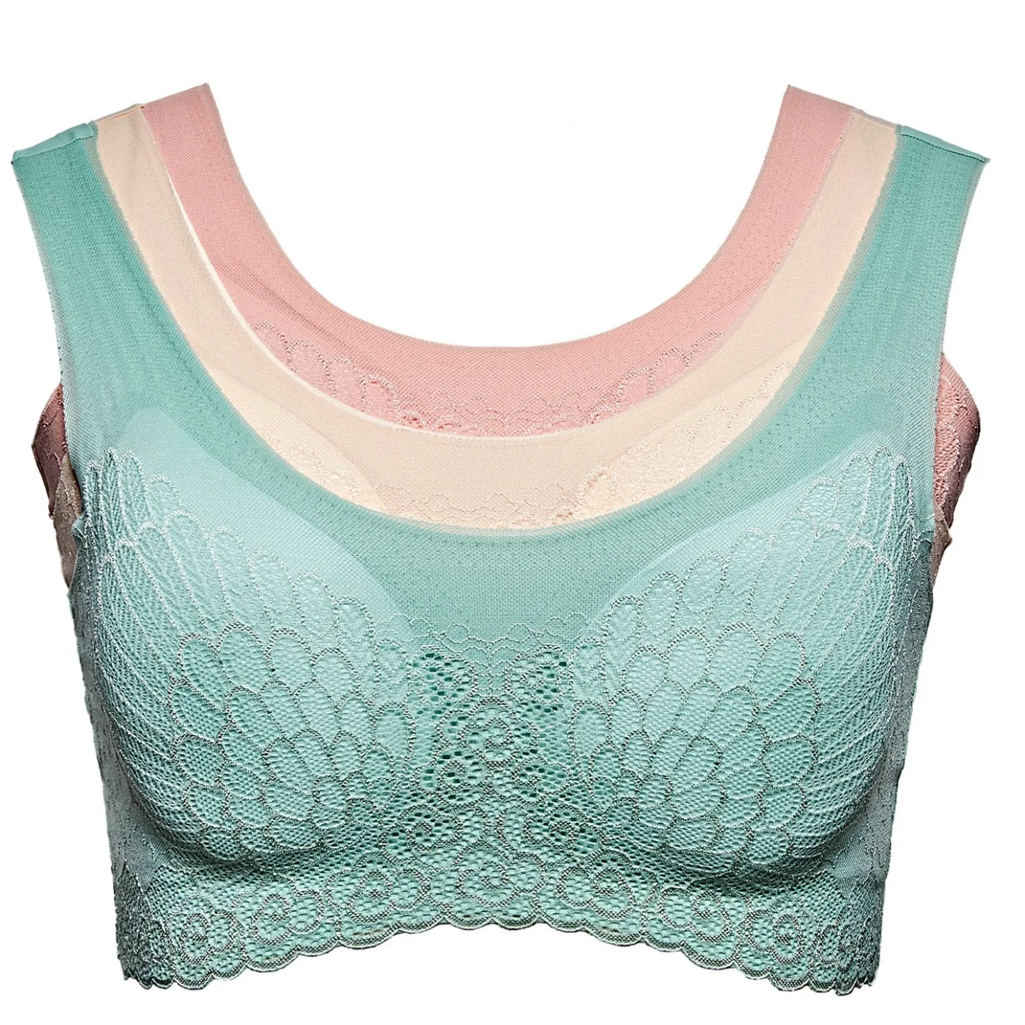 Spitzen-BH nahtlos grün + haut + rose 3er-Set