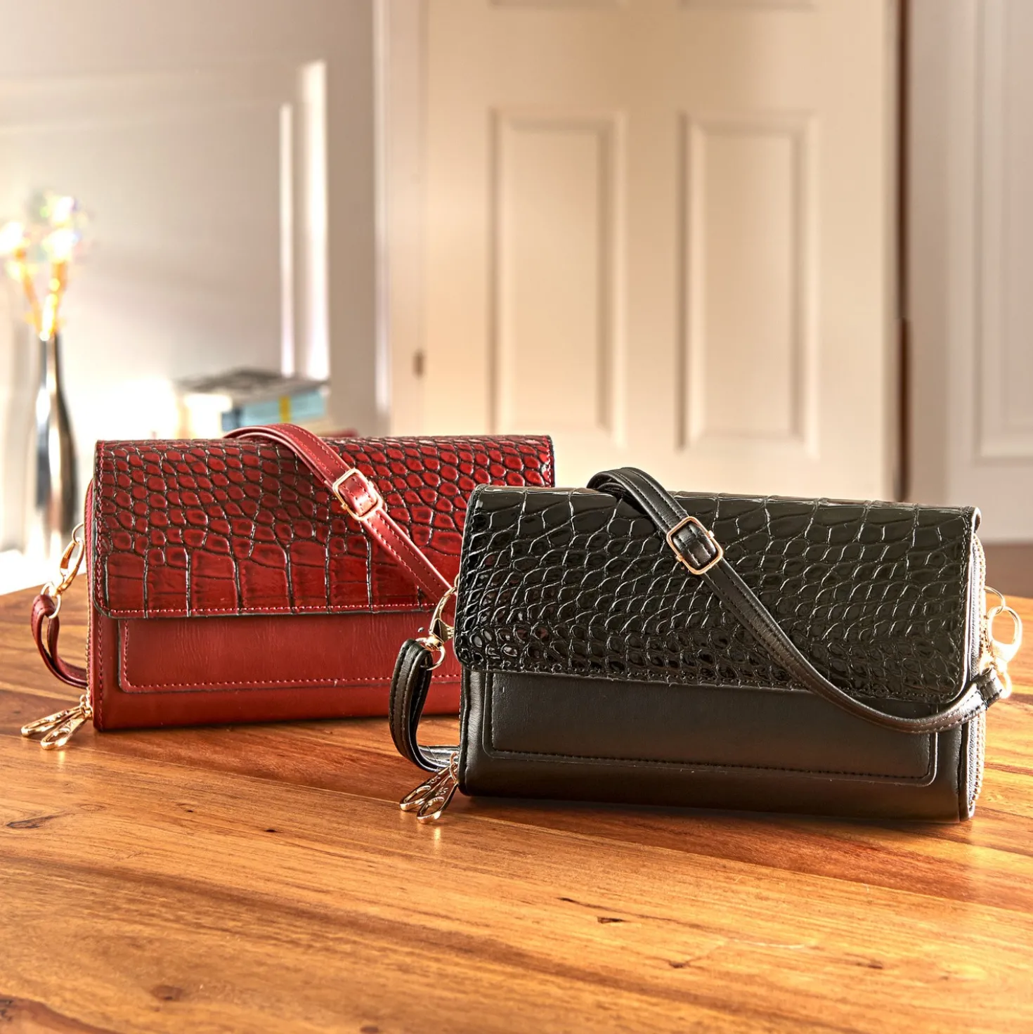 Tasche "Kroko" 2-in-1 RFID-Schutz burgund