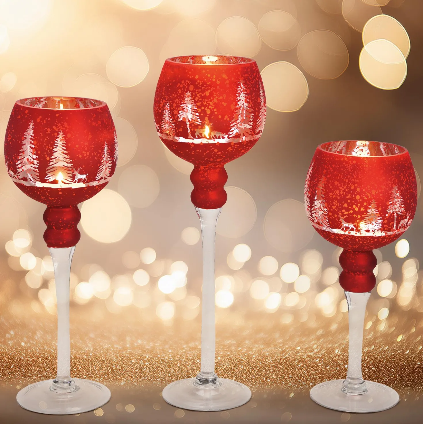 Teelichthalter Glas-Kelch Winterwald rot 3er-Set