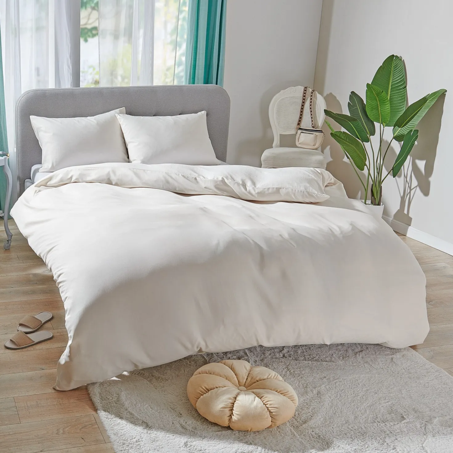 Tencel Bettwäsche beige mit Kühleffekt 3-tlg.: Bettbezug, Kissenbezug + Bettlaken Eldo