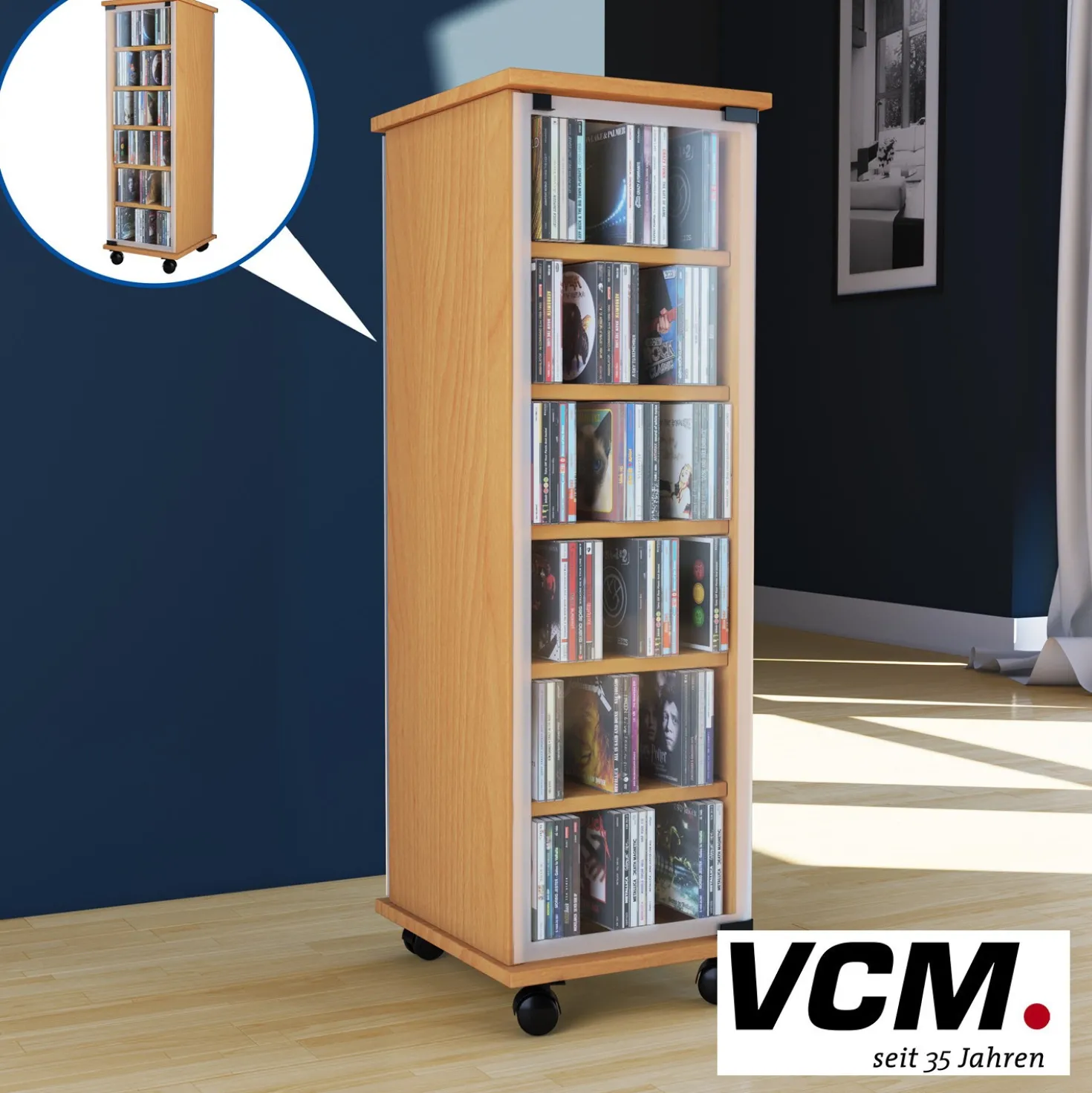 VCM CD/DVD-Turm "Valenza" drehbar für 300 CDs Buche