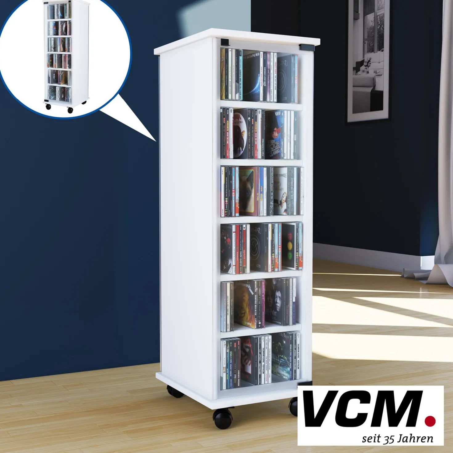 VCM CD/DVD-Turm "Valenza" drehbar für 300 CDs Weiß