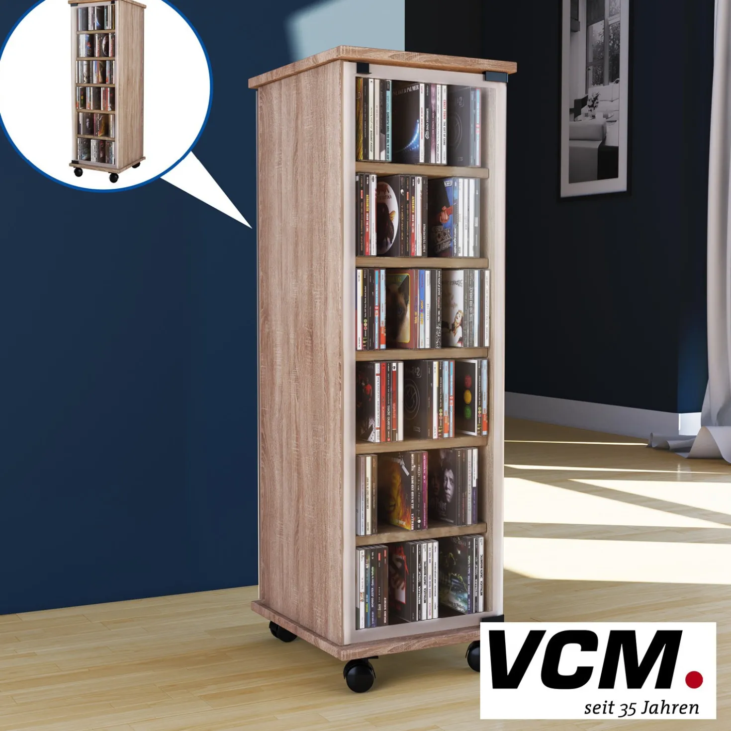 VCM CD/DVD-Turm "Valenza" drehbar für 300 CDs Sonoma-Eiche