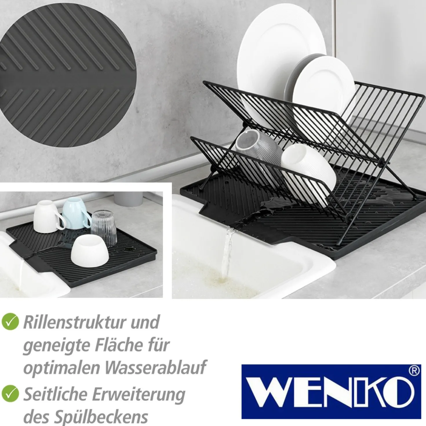 WENKO Abtropfmatte Nelia mit Abtropfgestell Schwarz