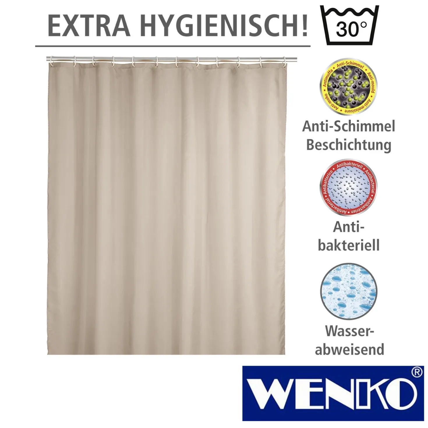 WENKO Anti-Schimmel Duschvorhang Uni Beige, Textil (Polyester), 180 x 200 cm, waschbar