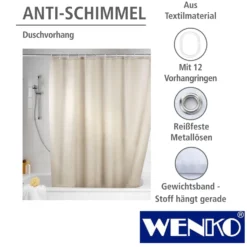 WENKO Anti-Schimmel Duschvorhang Uni Beige, Textil (Polyester), 180 x 200 cm, waschbar