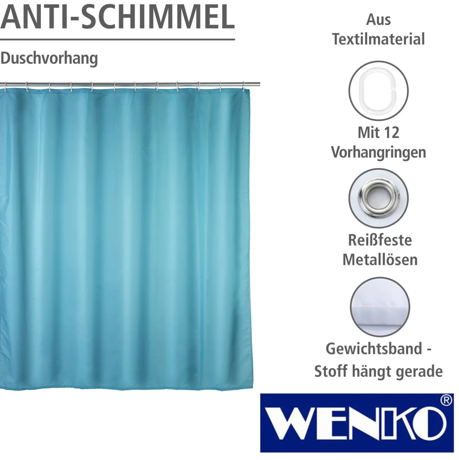WENKO Anti-Schimmel Duschvorhang Uni Light Blue, Textil (Polyester), 180 x 200 cm, waschbar