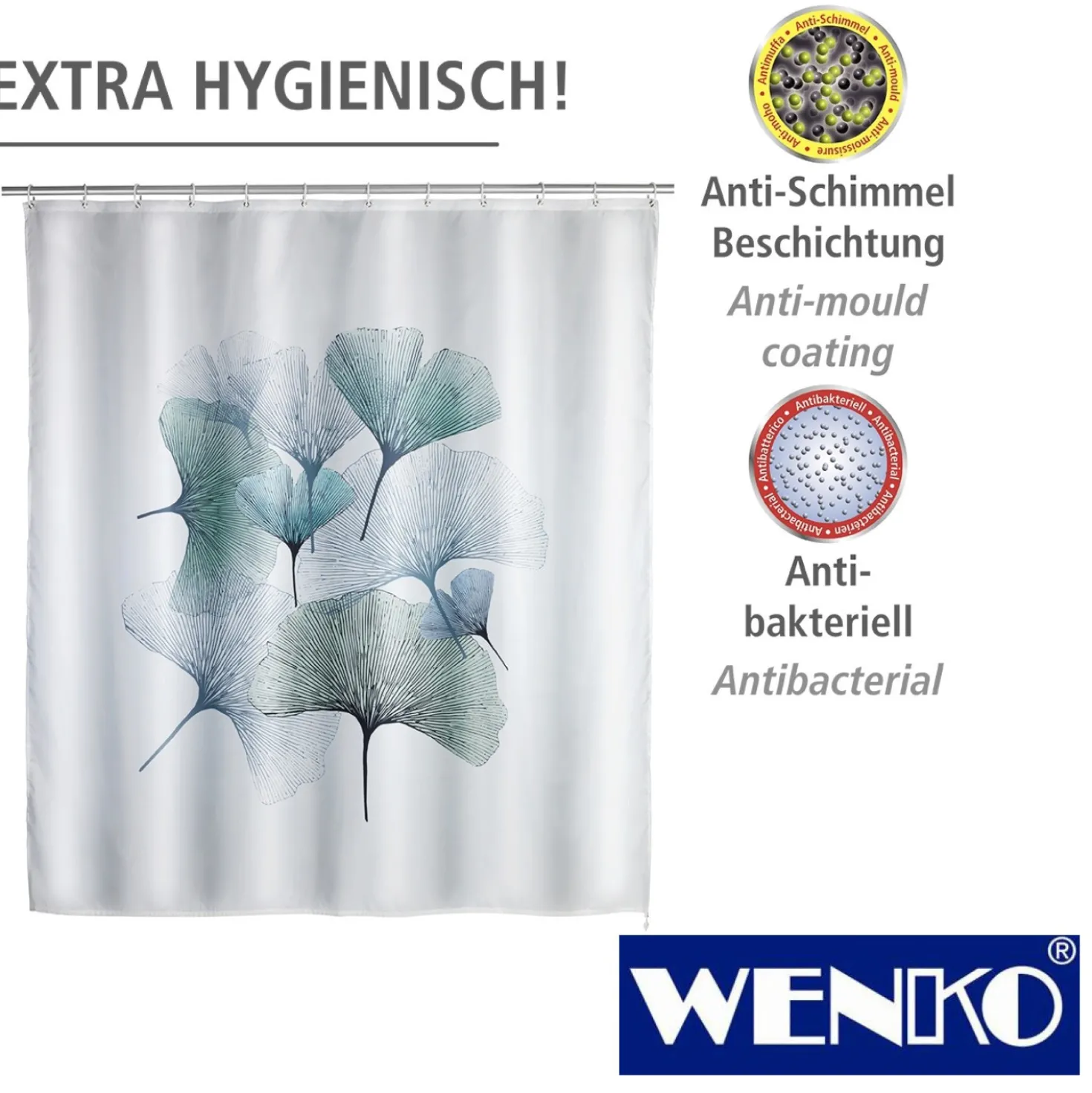 WENKO Anti-Schimmel Duschvorhang Ginkgo, Textil (Polyester), 180 x 200 cm, waschbar