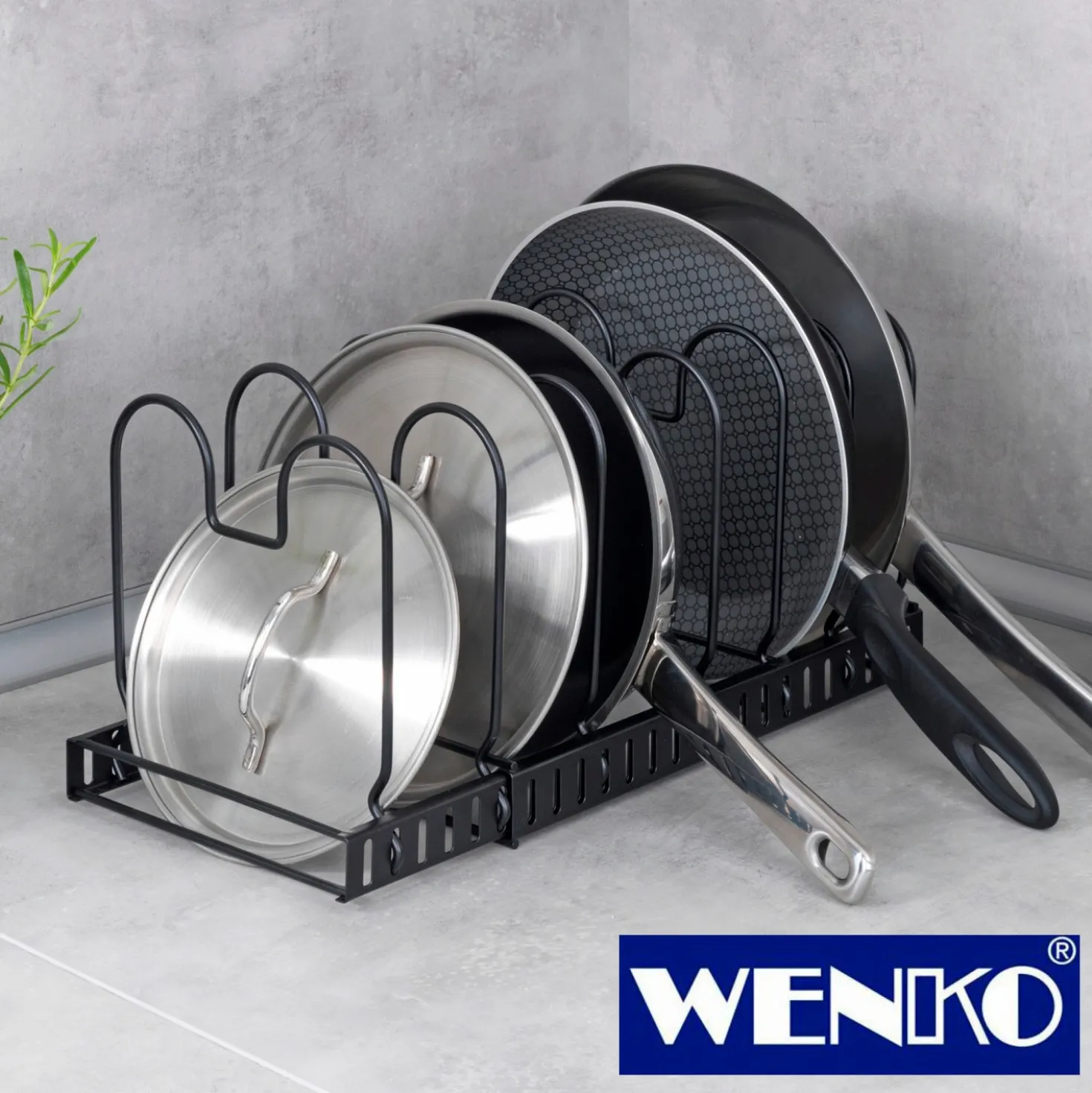 WENKO Deckel- und Pfannenhalter, ausziehbarer Geschirrständer für Deckel und Pfannen