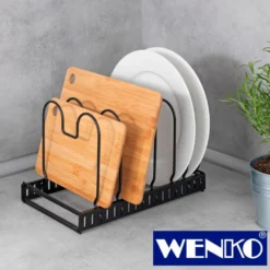 WENKO Deckel- und Pfannenhalter, ausziehbarer Geschirrständer für Deckel und Pfannen